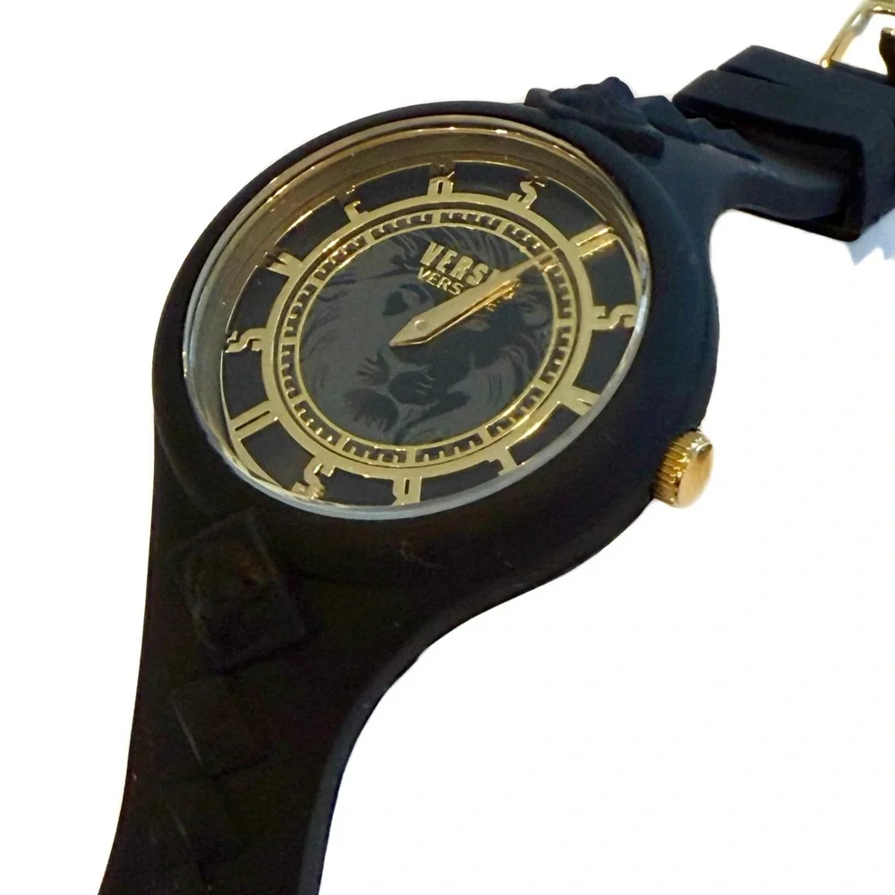 VERSACE Versus Versace Black Gold Lion Head Stainless Steel & Silicone Watch NWT - Picture 3 of 13